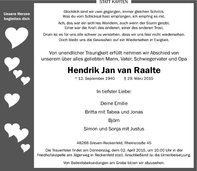  Traueranzeige für Hendrik Jan van Raalte vom 31.03.2015 aus Westfälische Nachrichten
