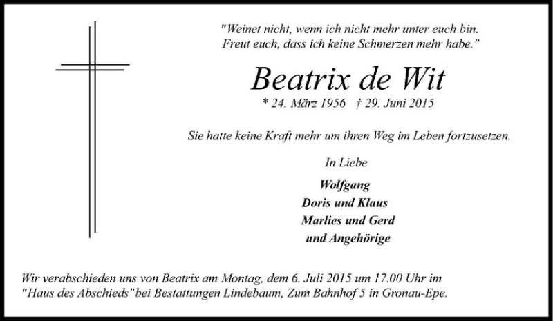  Traueranzeige für Beatrix de Wit vom 03.07.2015 aus Westfälische Nachrichten