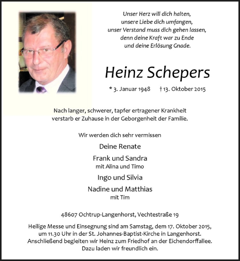  Traueranzeige für Heinz Schepers vom 12.10.2015 aus Westfälische Nachrichten