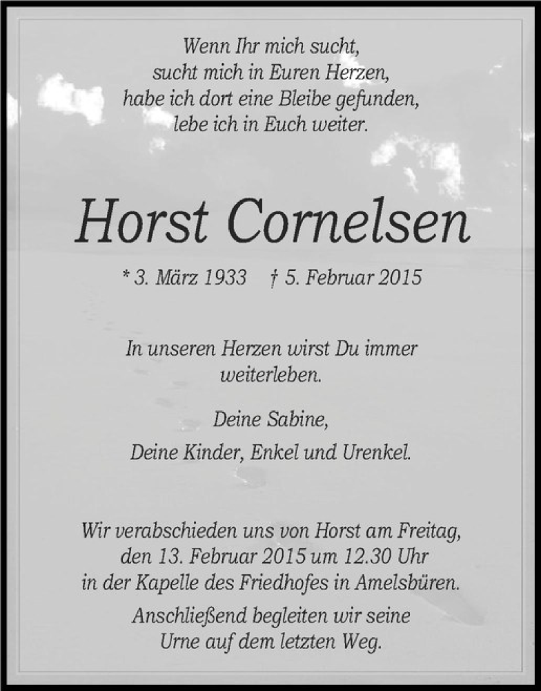  Traueranzeige für Horst Cornelsen vom 11.02.2015 aus Westfälische Nachrichten