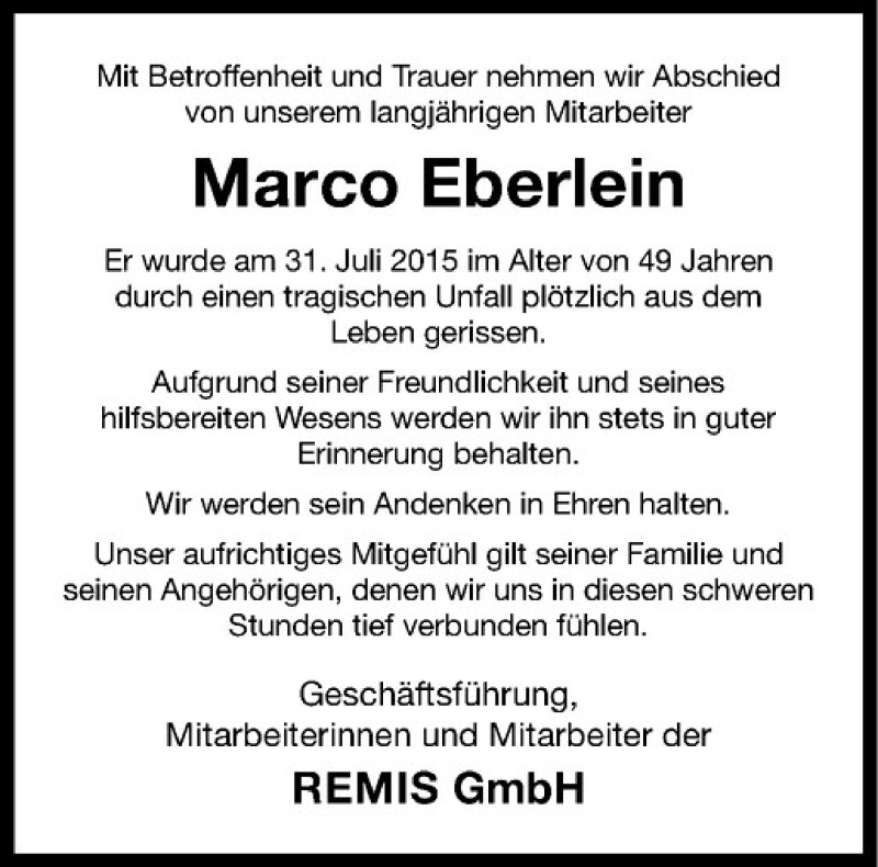  Traueranzeige für Marco Eberlein vom 08.08.2015 aus Westfälische Nachrichten