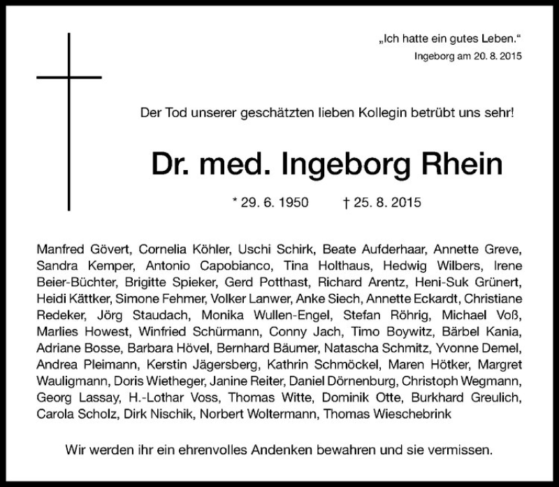  Traueranzeige für Ingeborg Rhein vom 28.08.2015 aus Westfälische Nachrichten
