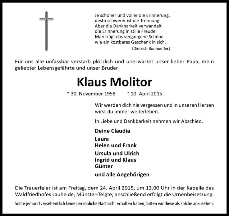 Traueranzeige für Klaus Molitor vom 18.04.2015 aus Westfälische Nachrichten