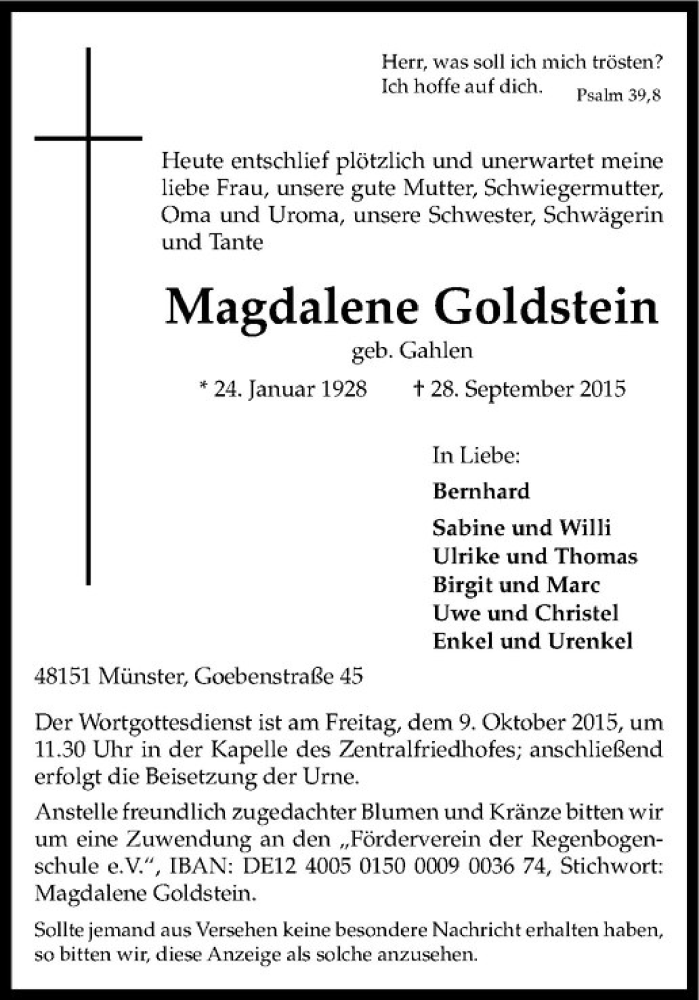  Traueranzeige für Magdalene Goldstein vom 03.10.2015 aus Westfälische Nachrichten