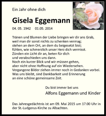 Anzeige von Gisela Eggemann von Westfälische Nachrichten