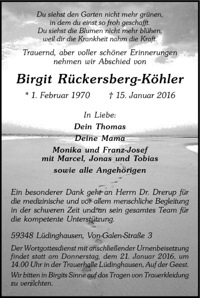  Traueranzeige für Birgit Rückersberg-Köhler vom 19.01.2016 aus Westfälische Nachrichten