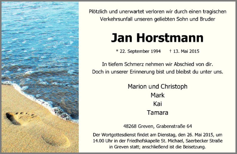 Traueranzeige für Jan Horstmann vom 22.05.2015 aus Westfälische Nachrichten