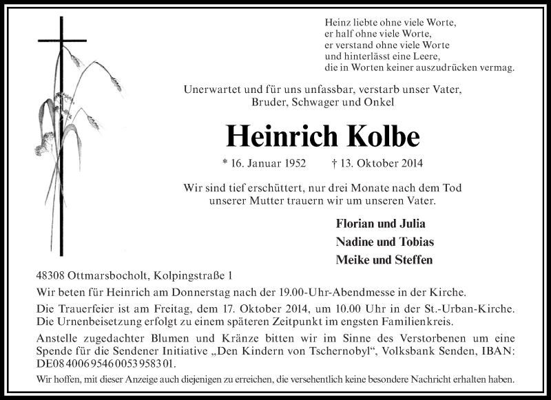  Traueranzeige für Heinrich Kolbe vom 15.10.2014 aus Westfälische Nachrichten