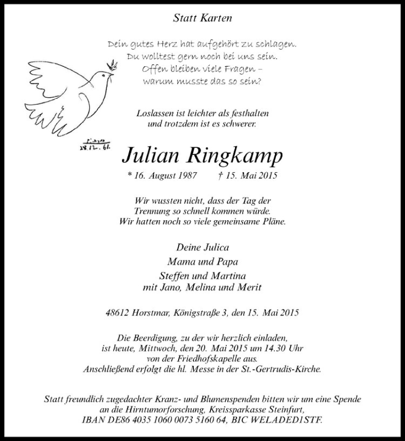  Traueranzeige für Julian Ringkamp vom 20.05.2015 aus Westfälische Nachrichten