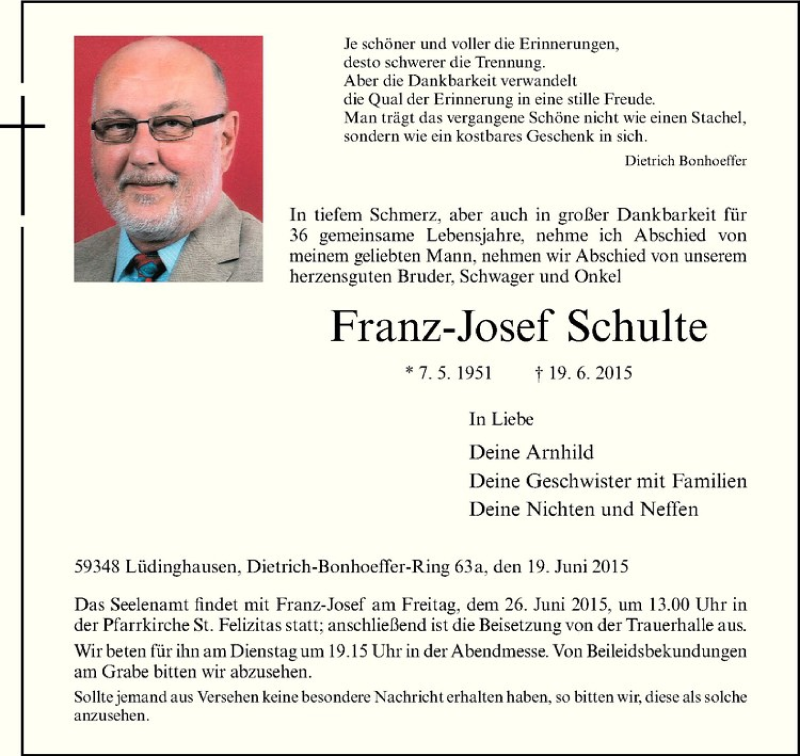  Traueranzeige für Franz-Josef Schulte vom 22.06.2015 aus Westfälische Nachrichten