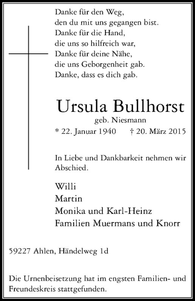  Traueranzeige für Ursula Bullhorst vom 01.04.2015 aus Westfälische Nachrichten