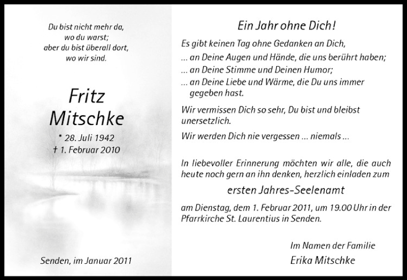  Traueranzeige für Fritz Mitschke vom 29.01.2011 aus Westfälische Nachrichten