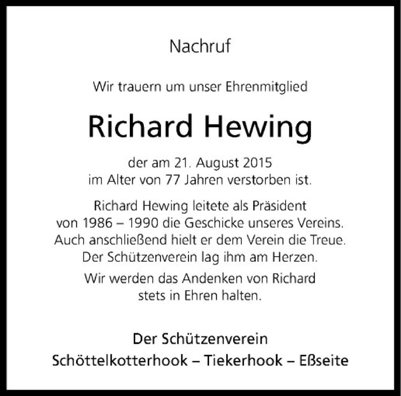  Traueranzeige für Richard Hewing vom 03.09.2015 aus Westfälische Nachrichten