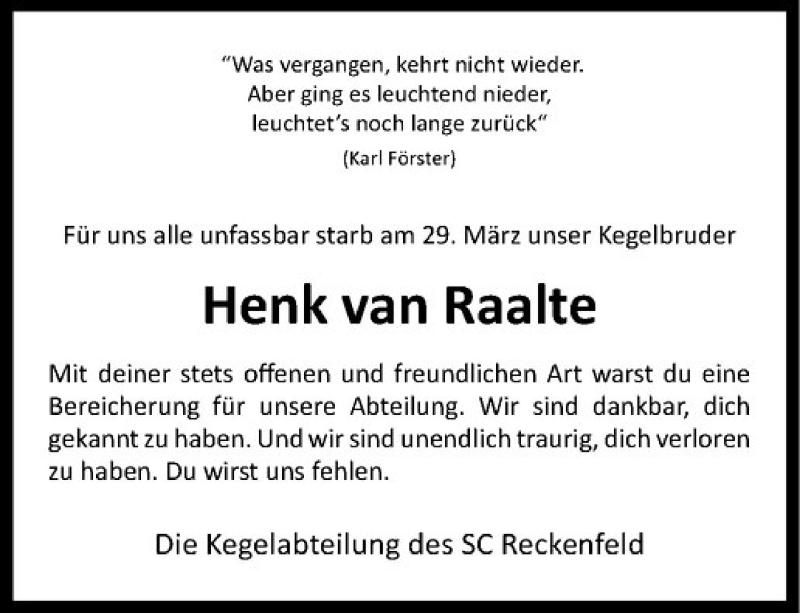  Traueranzeige für Hendrik Jan van Raalte vom 01.04.2015 aus Westfälische Nachrichten