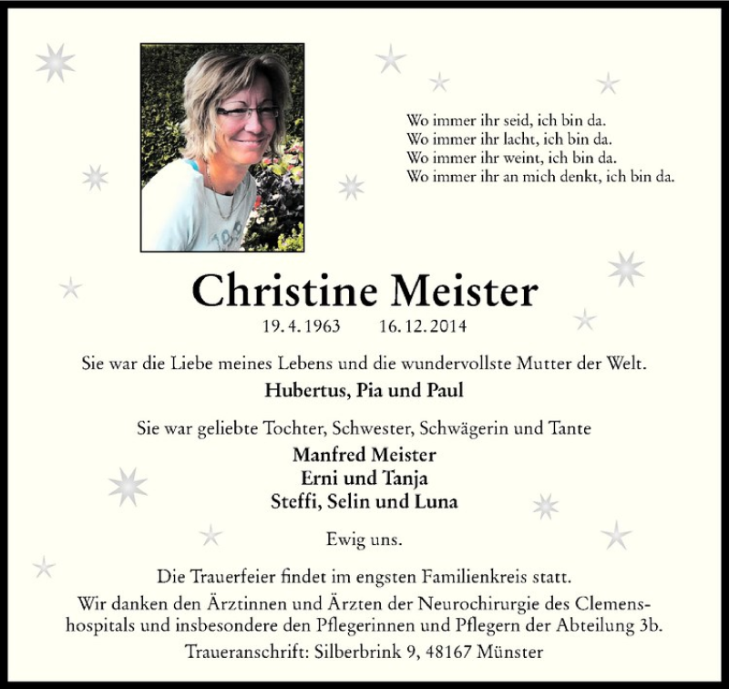  Traueranzeige für Christine Meister vom 20.12.2014 aus Westfälische Nachrichten