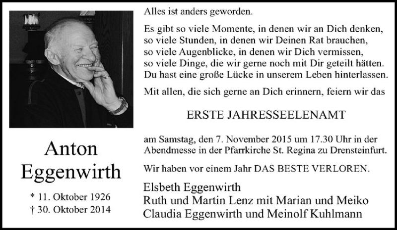  Traueranzeige für Anton Eggenwirth vom 30.10.2015 aus Westfälische Nachrichten