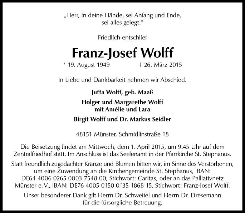  Traueranzeige für Franz-Josef Wolff vom 28.03.2015 aus Westfälische Nachrichten
