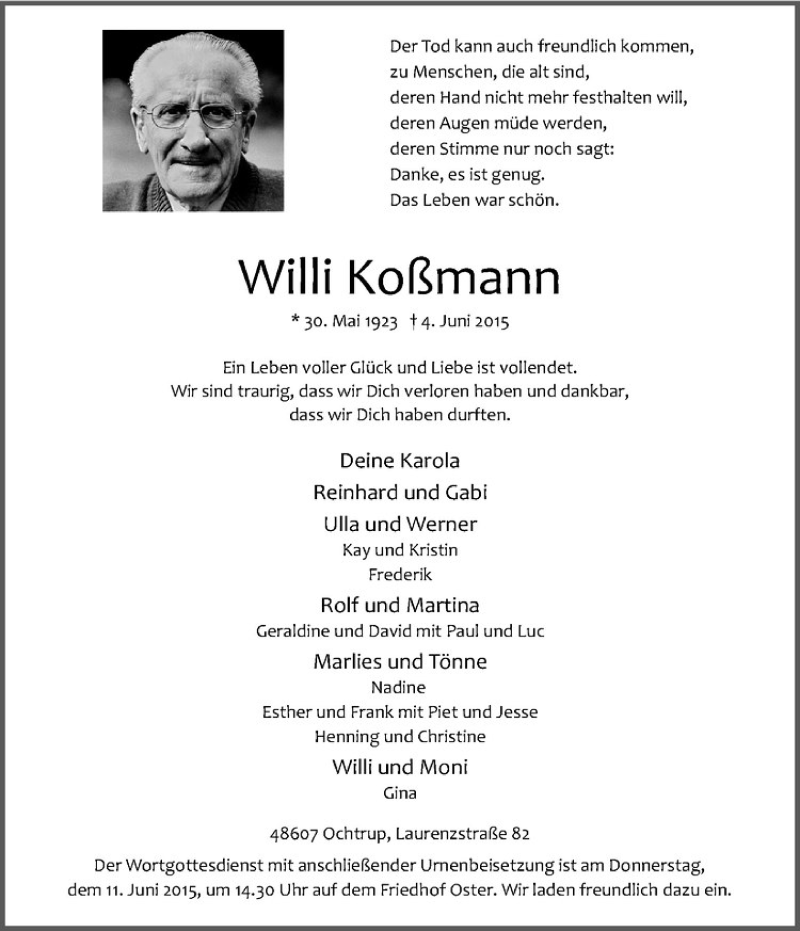  Traueranzeige für Willi Koßmann vom 08.06.2015 aus Westfälische Nachrichten