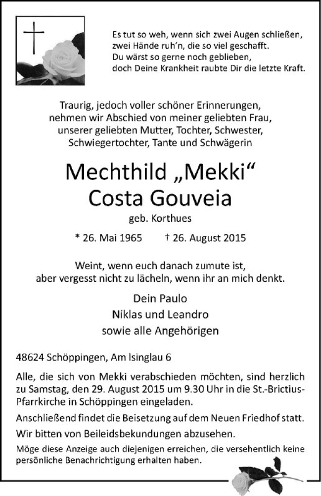  Traueranzeige für Mechthild Costa Gouveia vom 28.08.2015 aus Westfälische Nachrichten