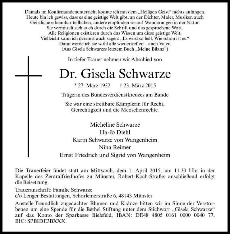 Traueranzeige für Gisela Schwarze vom 28.03.2015 aus Westfälische Nachrichten