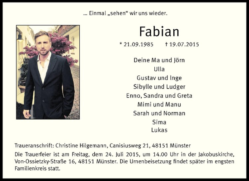  Traueranzeige für Fabian  vom 22.07.2015 aus Westfälische Nachrichten
