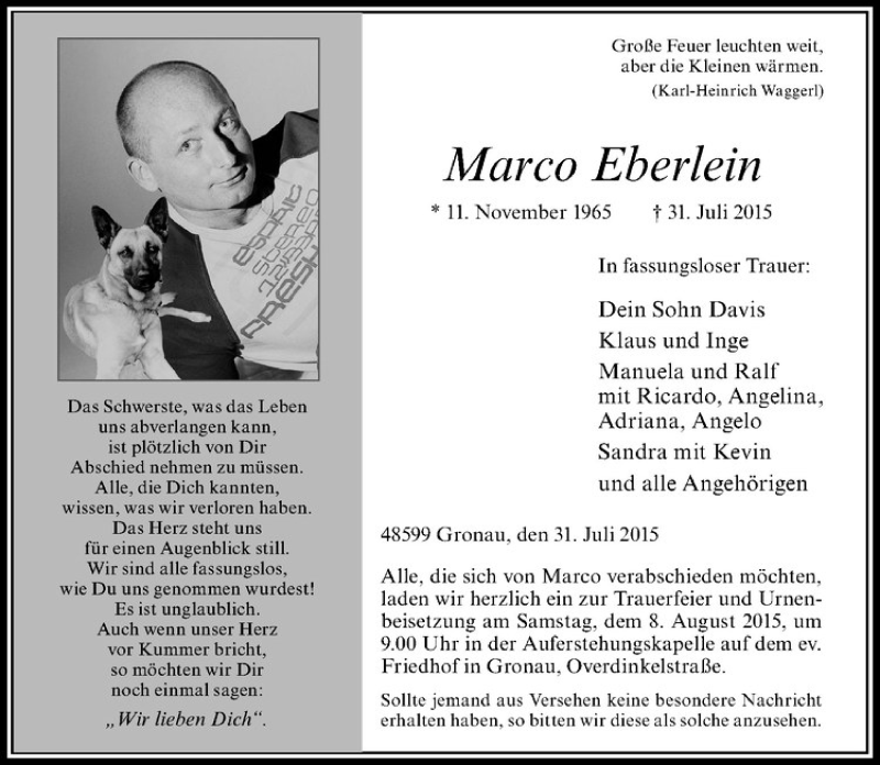  Traueranzeige für Marco Eberlein vom 05.08.2015 aus Westfälische Nachrichten