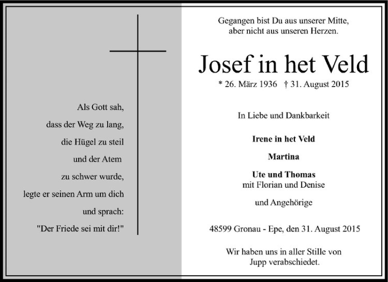  Traueranzeige für Josef in het Veld vom 05.09.2015 aus Westfälische Nachrichten