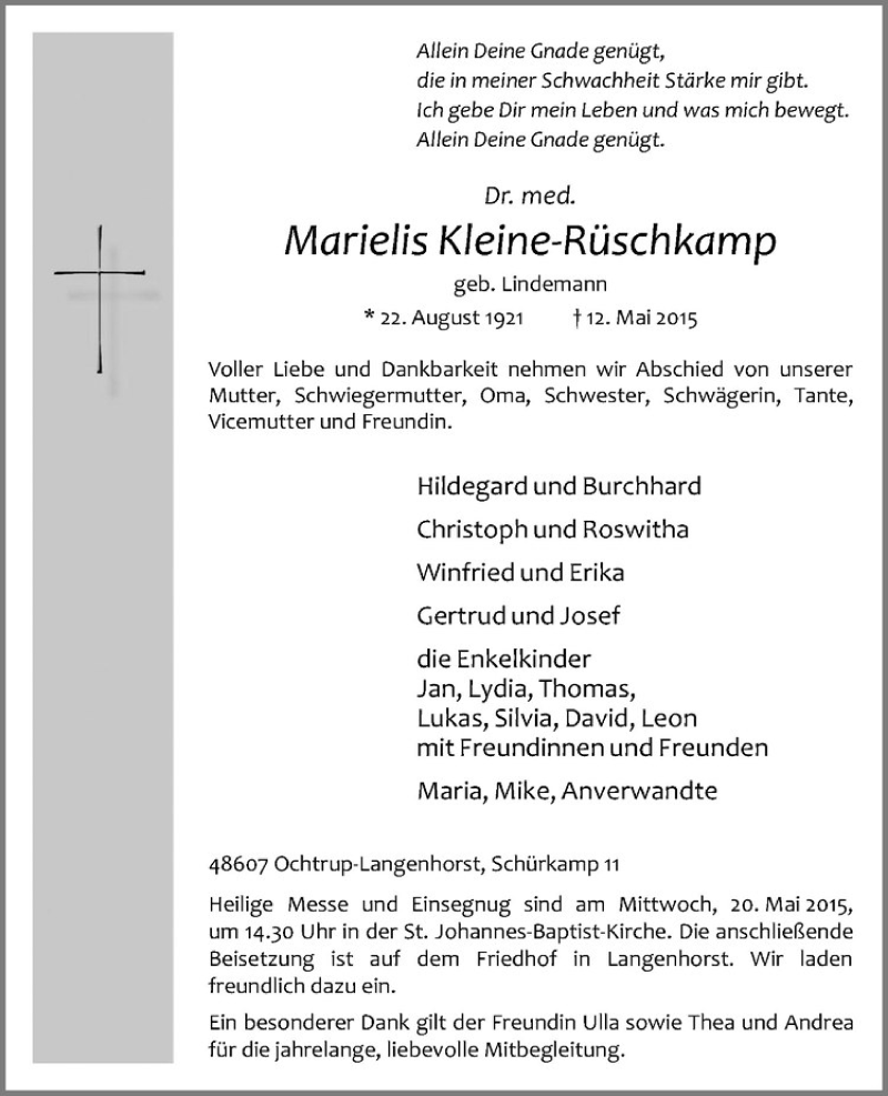 Traueranzeige für Marielis Kleine-Rüschkamp vom 16.05.2015 aus Westfälische Nachrichten