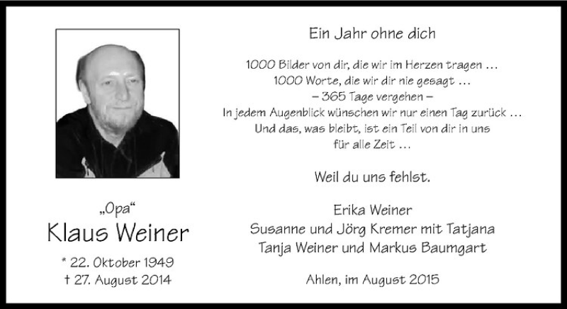  Traueranzeige für Klaus Weiner vom 27.08.2015 aus Westfälische Nachrichten