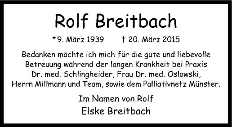  Traueranzeige für Rolf Breitbach vom 25.03.2015 aus Westfälische Nachrichten