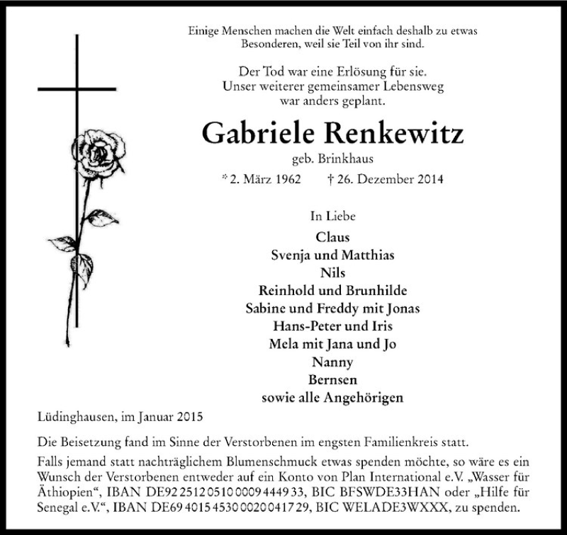  Traueranzeige für Gabriele Renkewitz vom 08.01.2015 aus Westfälische Nachrichten