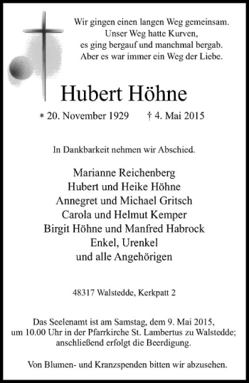 Anzeige von Hubert Höhne von Westfälische Nachrichten