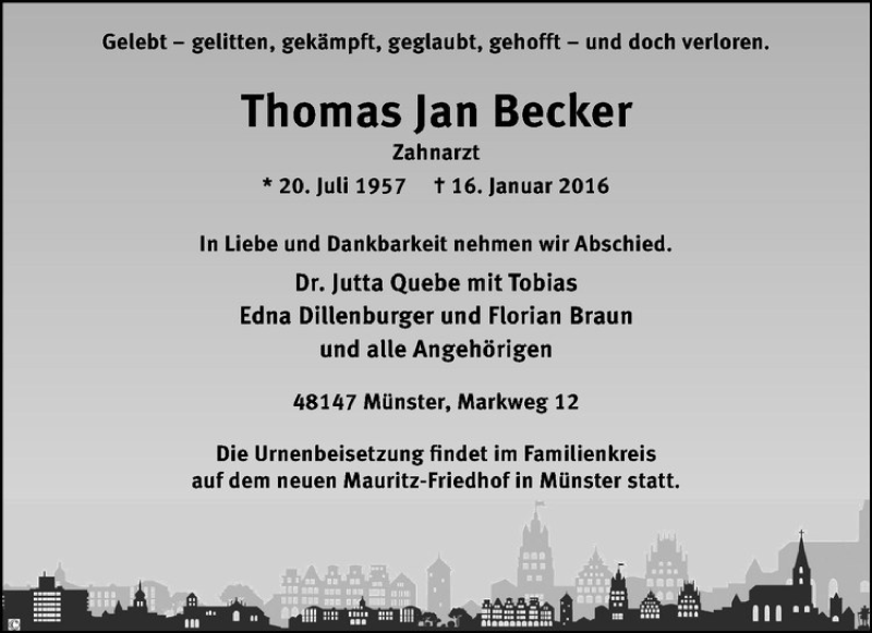  Traueranzeige für Thomas Jan Becker vom 23.01.2016 aus Westfälische Nachrichten
