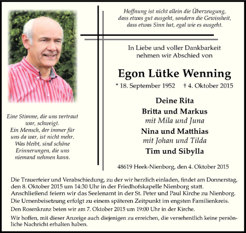  Traueranzeige für Egon Lütke Wenning vom 06.10.2015 aus Westfälische Nachrichten