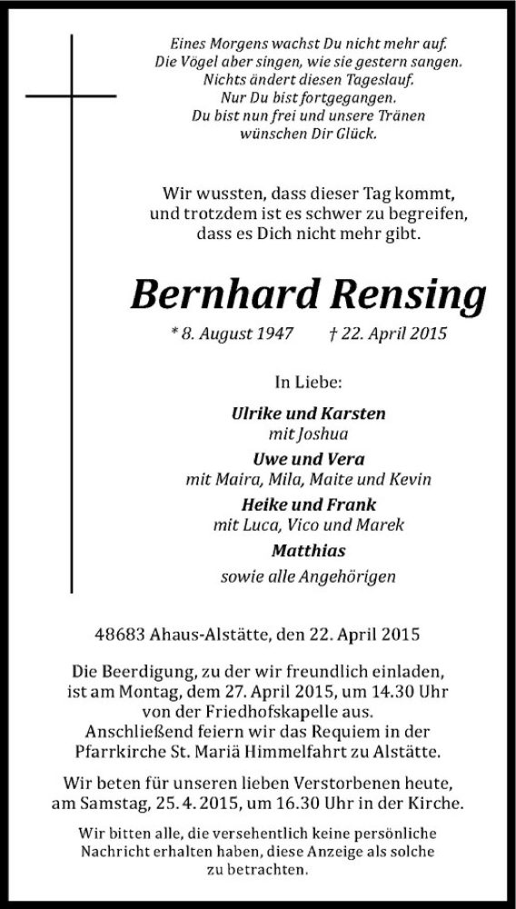  Traueranzeige für Bernhard Rensing vom 25.04.2015 aus Westfälische Nachrichten