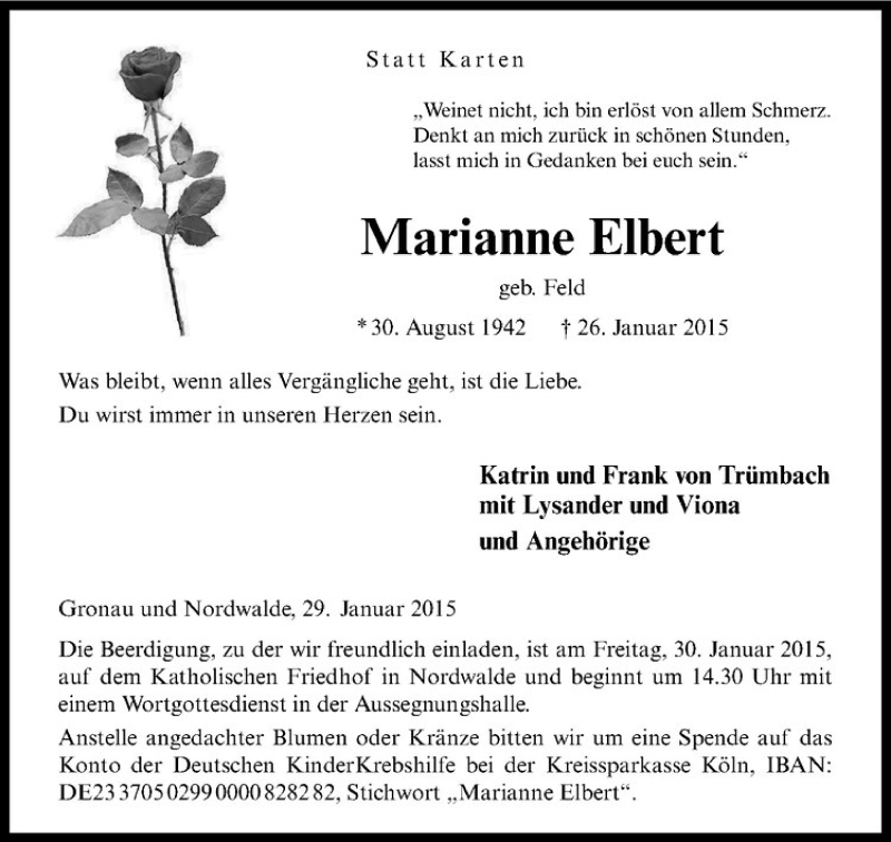  Traueranzeige für Marianne Elbert vom 29.01.2015 aus Westfälische Nachrichten