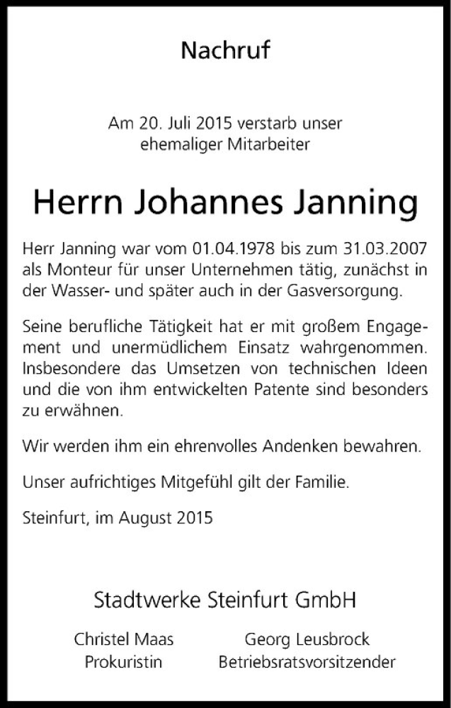  Traueranzeige für Johannes Janning vom 05.08.2015 aus Westfälische Nachrichten