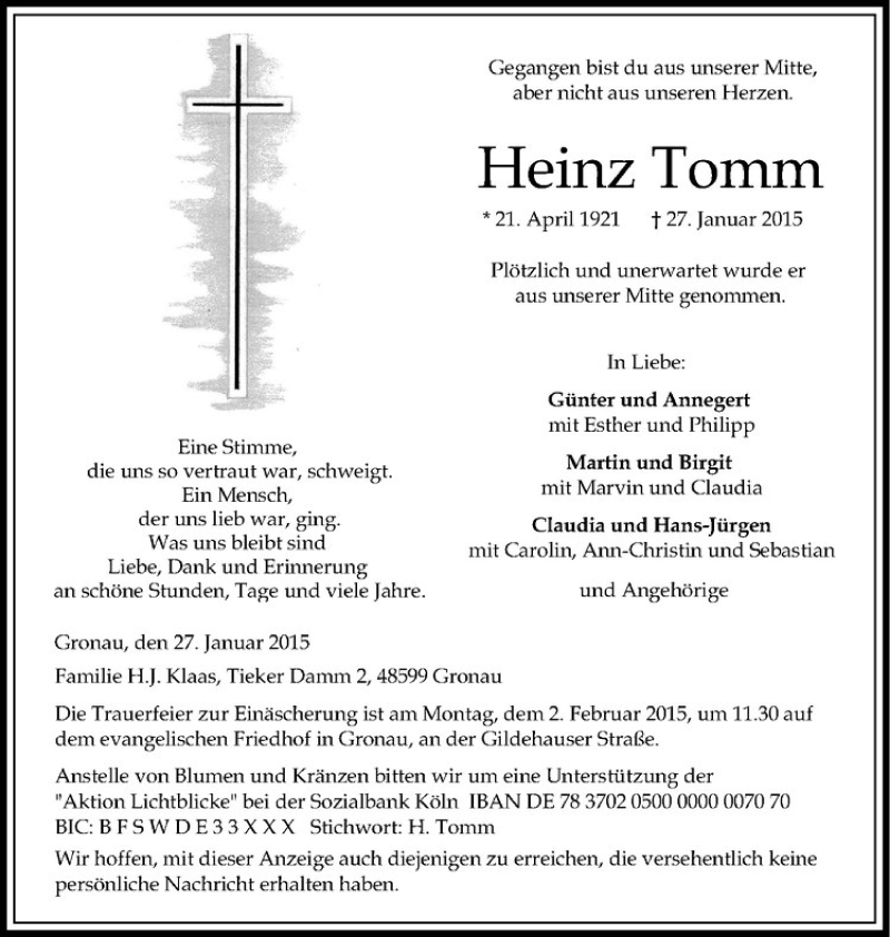  Traueranzeige für Heinz Tomm vom 30.01.2015 aus Westfälische Nachrichten