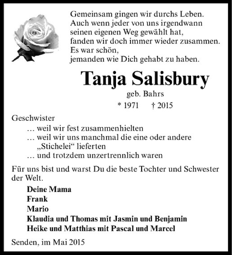  Traueranzeige für Tanja Salisbury vom 21.05.2015 aus Westfälische Nachrichten