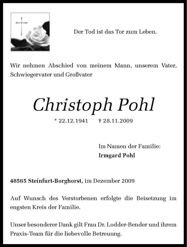  Traueranzeige für Christoph Pohl vom 05.12.2009 aus Westfälische Nachrichten