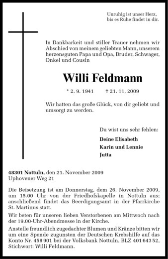  Traueranzeige für Willi Feldmann vom 23.11.2009 aus Westfälische Nachrichten