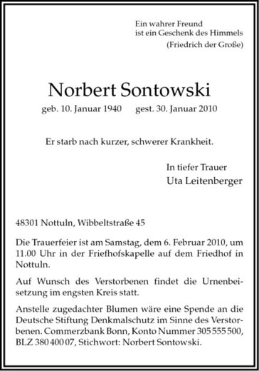  Traueranzeige für Norbert Sontowski vom 03.02.2010 aus Westfälische Nachrichten