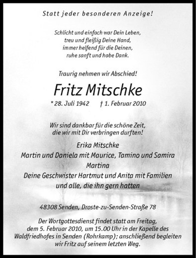  Traueranzeige für Fritz Mitschke vom 03.02.2010 aus Westfälische Nachrichten