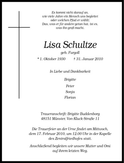  Traueranzeige für Lisa Schultze vom 13.02.2010 aus Westfälische Nachrichten