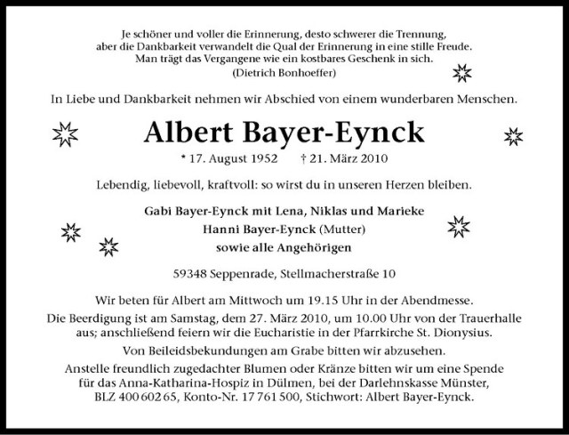  Traueranzeige für Albert Bayer-Eynck vom 23.03.2010 aus Westfälische Nachrichten