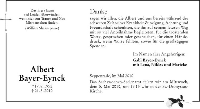  Traueranzeige für Albert Bayer-Eynck vom 01.05.2010 aus Westfälische Nachrichten