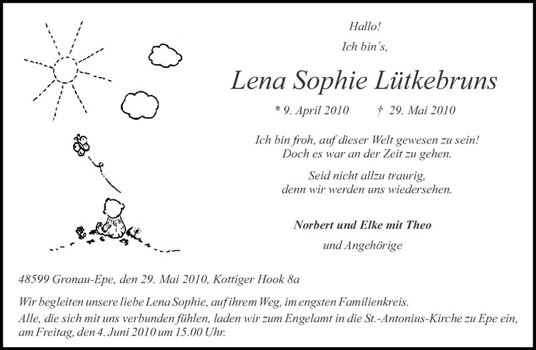  Traueranzeige für Lena Sophie Lütkebruns vom 02.06.2010 aus Westfälische Nachrichten