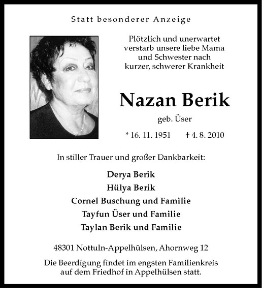  Traueranzeige für Nazan Berik vom 07.08.2010 aus Westfälische Nachrichten
