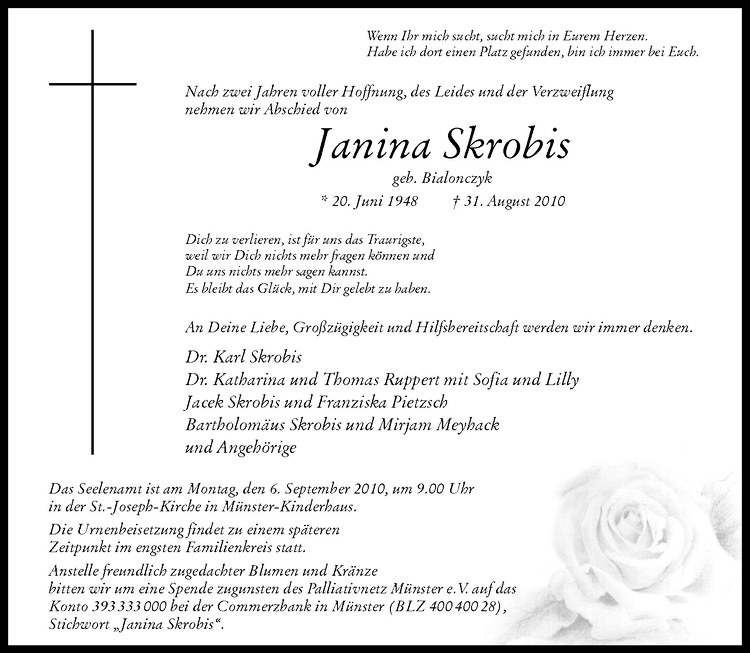  Traueranzeige für Janina Skrobis vom 04.09.2010 aus Westfälische Nachrichten