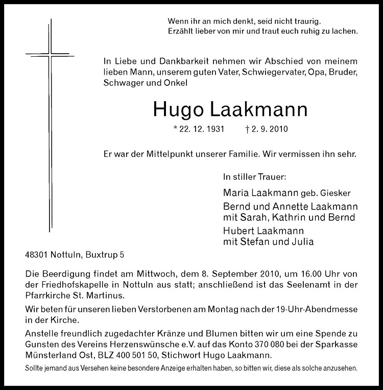  Traueranzeige für Hugo Laakmann vom 04.09.2010 aus Westfälische Nachrichten